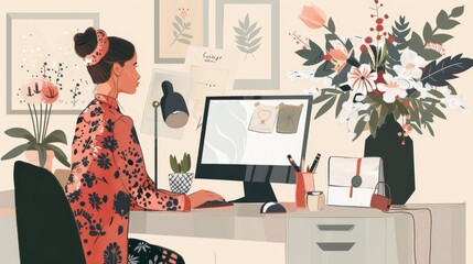 Illustration of a woman working at a desk with flowers, cozy home office.