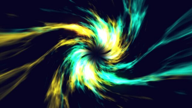 Seamless twist rotated sheeny luminous kernel sol fire background loop. Looped twisted shining soul sun flames concept. Yellow turquoise blue colors.
