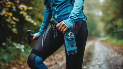 Female cyclist holding water bottle, mid section - Powered by Adobe