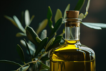 Olive Oil with Leaves Against a Black Background