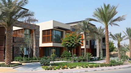 Fototapeta premium a twinhouse facade in the UAE, adorned with asymmetric arches, vertical louvers, and stone cladding.