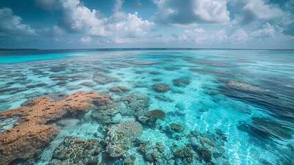 a breathtaking view of a coral atoll, surrounded by shallow, turquoise lagoons