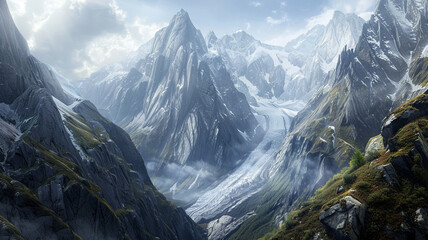 a dramatic fold mountain range with sheer cliffs and a glacier nestled in a valley