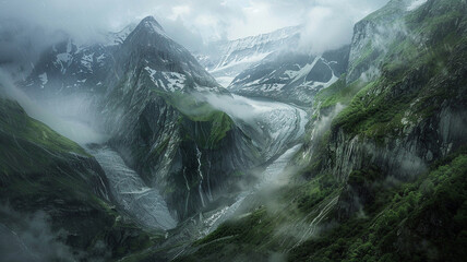 a dramatic fold mountain range with sheer cliffs and a glacier nestled in a valley - Powered by Adobe