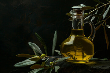 Olive Oil with Leaves Against a Black Background