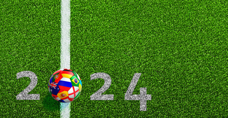 Soccer ball on green grass and the Year 2024, 3D illustration