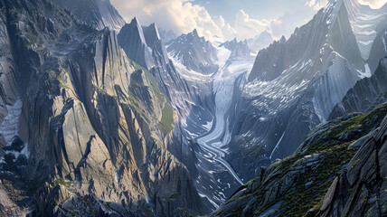 a dramatic fold mountain range with sheer cliffs and a glacier nestled in a valley