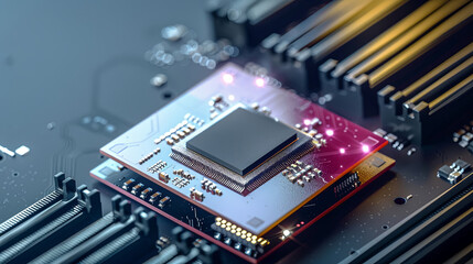 The image shows a close-up of a computer processor. The processor is made of silicon and has a complex structure.