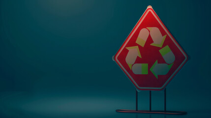 A diamond-shaped recycling road sign glowing with a red reflective surface on a dark blue background.