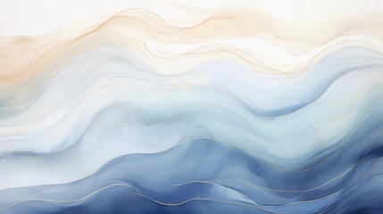 Abstract watercolor painting featuring soft, flowing blue and beige waves, evoking a calming and serene atmosphere.