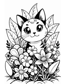 black and white cat in flowers