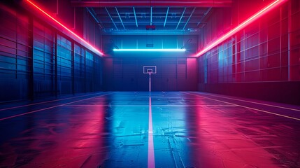 Vibrant, empty indoor basketball court illuminated by neon lights in shades of blue and red, creating a modern, high-energy atmosphere.