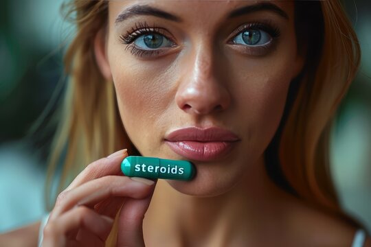 Close up of a woman holding a pill with the word "steroids" on it