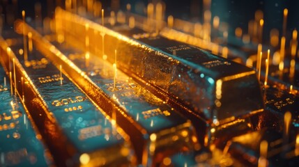 Detailed view of gold bars being inspected with trading candlesticks and charts
