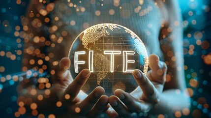 Fintech financial technology and digital money concept. Person hold virtual globe with fintech word for digital banking, internet payment, online shopping, financial technology.
