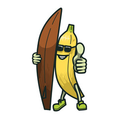 surf banana cartoon character wearing sunglasses in summer. Mascot illustration collection.