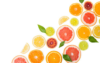 Background of citrus fruit over white background with copy space.