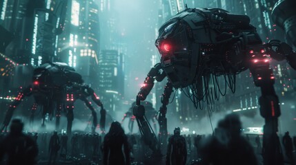 The image shows a group of people in a dark city. There are large robots with red eyes in the background. The people are all wearing dark clothes and they look scared.