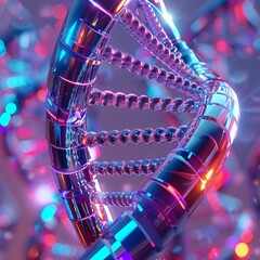 The image is a 3D rendering of a DNA double helix. The helix is made of blue and purple spheres and is surrounded by a glowing blue light. The background is black.