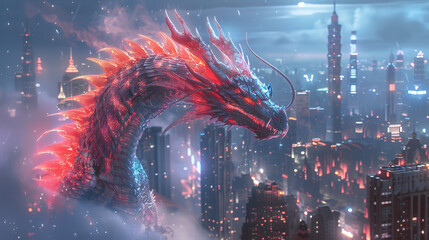 A red and blue dragon is flying over a futuristic city.