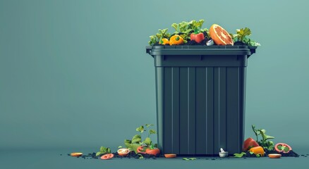 Compost bin filled with various fresh vegetables and fruits surrounded by soil on a clean background.