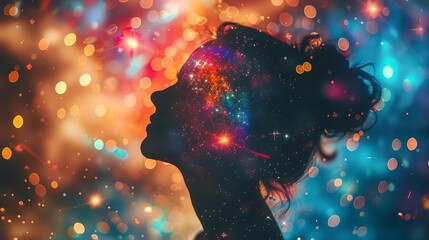 Goal achievement celebration, focus on joyful face, top copy space, colorful and engaging image, Double exposure silhouette with fireworks