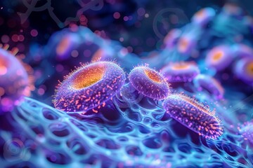 Close-up of bioluminescent microorganisms with glowing purple and orange light in an abstract underwater scene.
