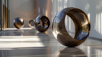 Modern metallic sphere sculpture in a gallery