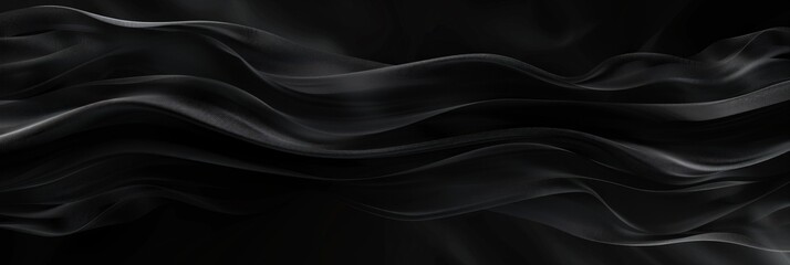 Black background with soft waves,black silk smooth waves pattern backdrop design . Black satin silk luxury wave cloth background. banner
