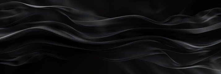 Obraz premium Black background with soft waves,black silk smooth waves pattern backdrop design . Black satin silk luxury wave cloth background. banner
