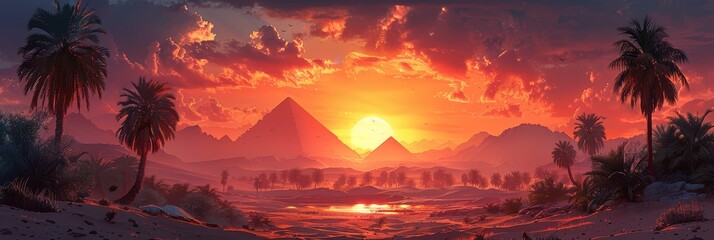 concept art of the pyramids in egypt, desert with palm trees and mountains in background, sunset, orange sky