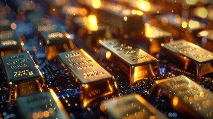 Double exposure of gold bars and digital trading data showing market trends