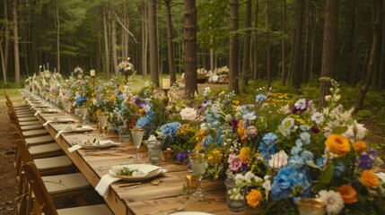 Wooden table set for an outdoor wedding, surrounded by wildflowers and greenery. The setting is flooded with natural sunlight and decorated in soft pastel colours.