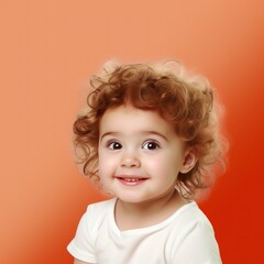 Coral background Happy european white child realistic person portrait of young beautiful Smiling child Isolated on Background Banner with copyspace blank empty copy space