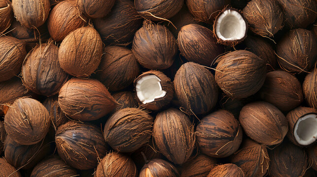 Background with the concept of piles of old brown coconuts, abundant harvest of coconut products,