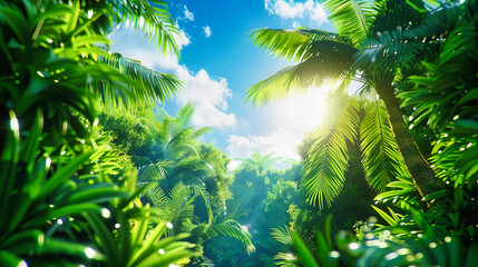 Obraz premium Sunlit Tropical Forest with Palm Trees, Bright Day in a Green Lush Jungle