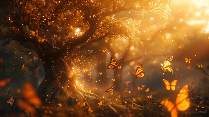 Mystical orange butterflies flutter through a sunlit enchanted forest