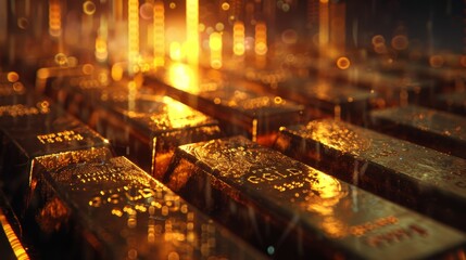 Double exposure of gold bars and financial charts showing market trends