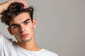 Fototapeta premium Young man in white shirt on a white background