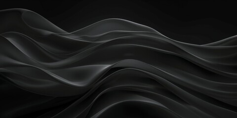 Obraz premium Black background with soft waves,black silk smooth waves pattern backdrop design . Black satin silk luxury wave cloth background. banner
