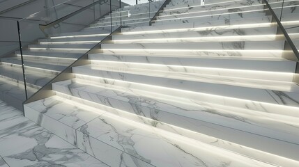 Marble staircase, white marble steps with LED lighting on the sides of each step, glass railings on both sides, polished black and gray natural stone tiles, luxurious interior design.