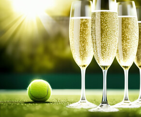 Wimbledon Tennis and champagne flutes on lawn