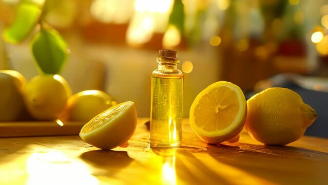 Beauty and self-care industry products. Lemon oil in a bottle