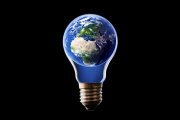 Sustainability concept innovation global environmental theme: globe inside a lightbulb on an isolated background