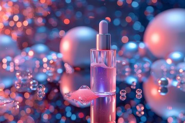 A dropper bottle of essential oil or serum with a pipette on a background of blurred pink and blue lights, sparkles, and beads.