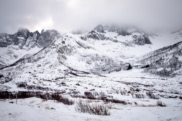 Snowy mountain landscape in the Arctic Circle