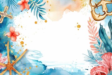 夏の海をイメージした水彩画フレーム（背景・暑中見舞い・壁紙）