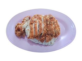 Delicious crispy fried chicken cutlet served over steamed white rice on a pastel plate. A popular Asian comfort food meal, perfect for lunch or dinner