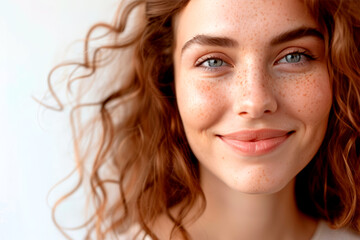 Obraz premium Smiling woman with freckles and curly hair, natural beauty portrait.