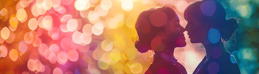 LGBTQ couple with child in park, close up, focus on happiness, copy space, bright and lively colors, Double exposure silhouette with rainbow flags